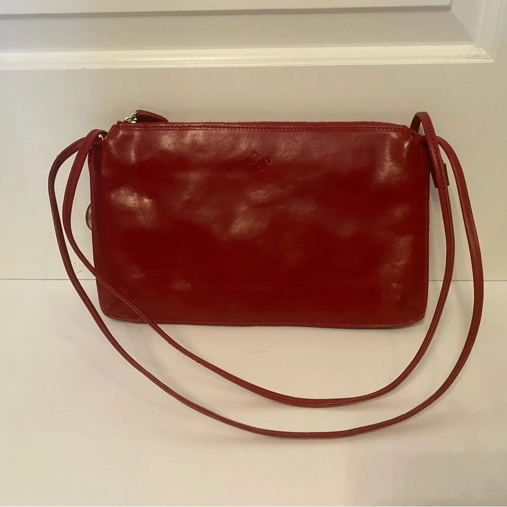 VINTAGE MONSAC ORIGINAL BAG SHOULDER SHINY RED LEATHER 2 STRAP ZIP TOP ENVELOPE